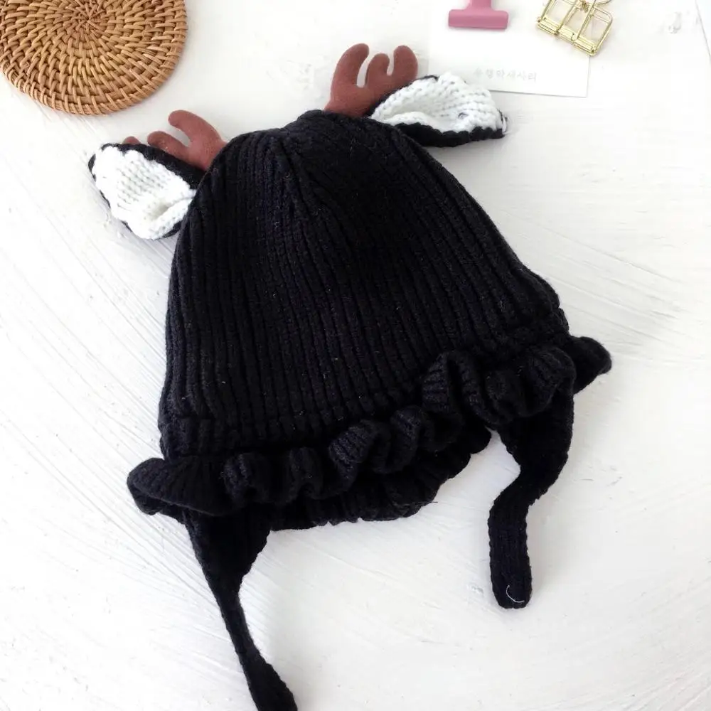 Детская шапка Skullie Beanies для мальчиков и девочек, зимняя шапка с рождественским рисунком лося, роговыми ушами, теплые эластичные модные аксессуары