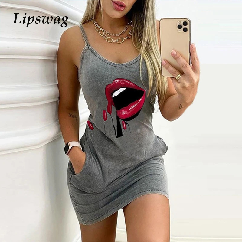 Vestido corto informal de verano sin mangas Impresión de letras con bolsillo, minivestido Sexy con tirantes y espalda descubierta para mujer, cuello redondo, 3XL, 2021