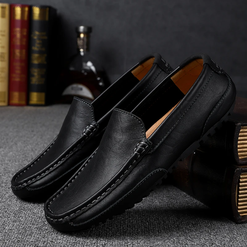 Повседневная обувь из натуральной кожи мужские лоферы высокого качества г. Дышащие Мокасины без шнуровки черного цвета для вождения размера плюс 37-47