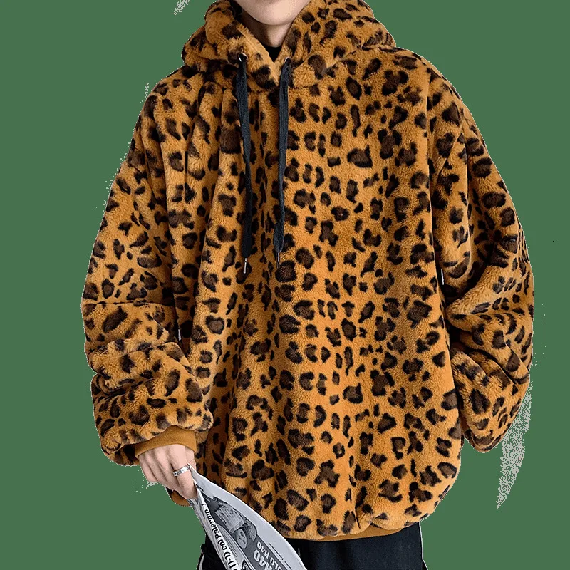 Зимние плюшевые толстовки Мужская теплая Модная леопардовая толстовка с капюшоном Мужская Уличная дикая хип хоп свободная толстовка с капюшоном мужская Толстовка M-2XL