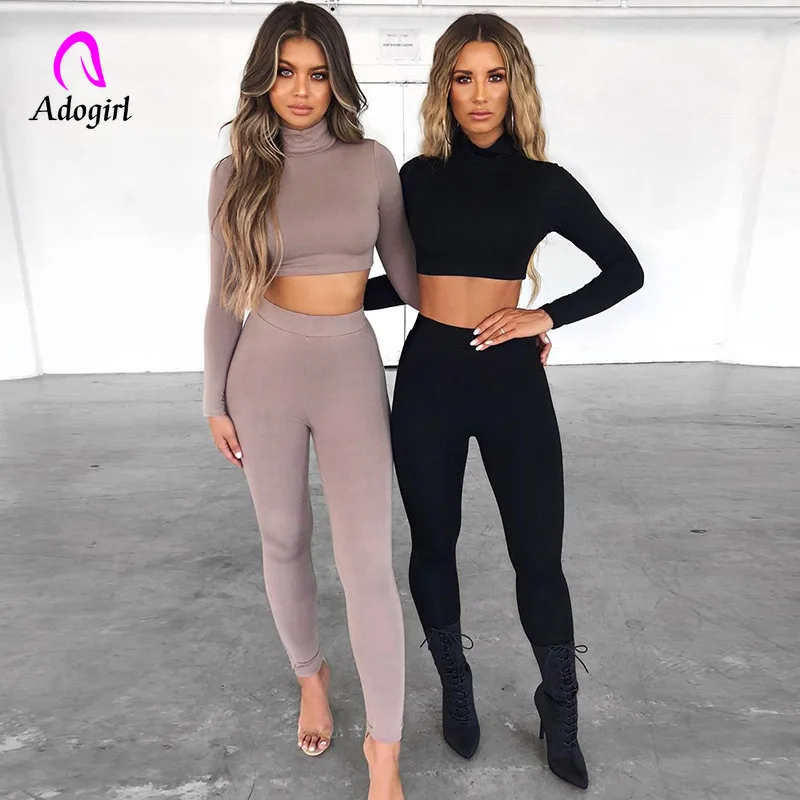 

Black Women Fitness Sporting Two Pieces Set Solid Turtleneck Top Skinny Leggings Home Suits 2019 Autumn Fashion 2 Pcs Tracksuits