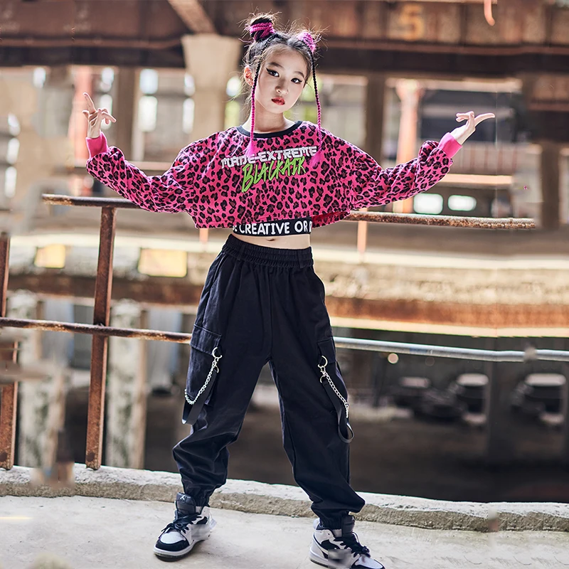 New Jazz Dance Costume Kids Girls Pink Leopard Top Long Sleeves Casual Cargo Pants Hip Hop Dance Clothes Street Rave Wear BL7337