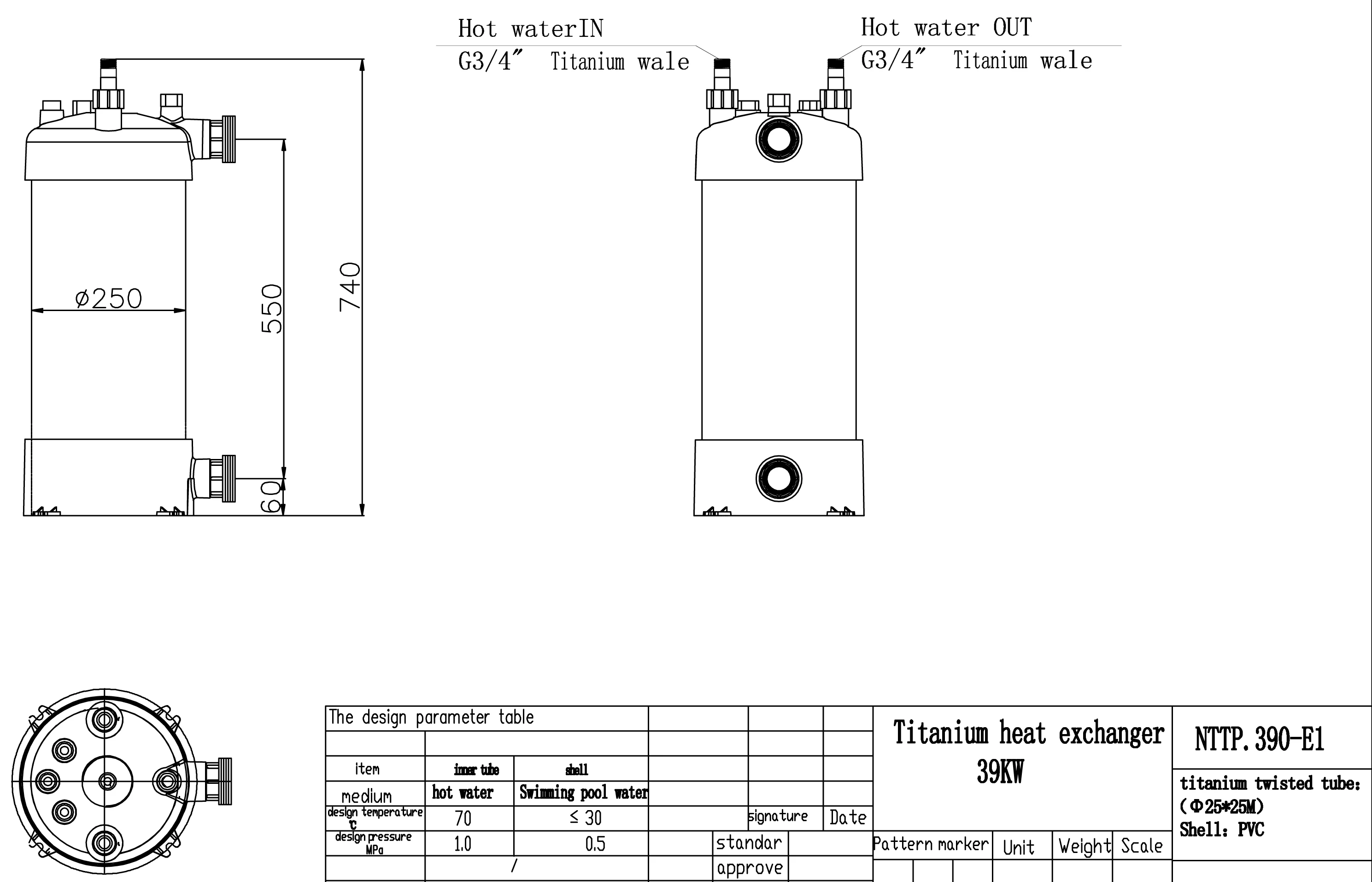 39KW swimming pool heat exchanger water to water type with titanium twisted tube