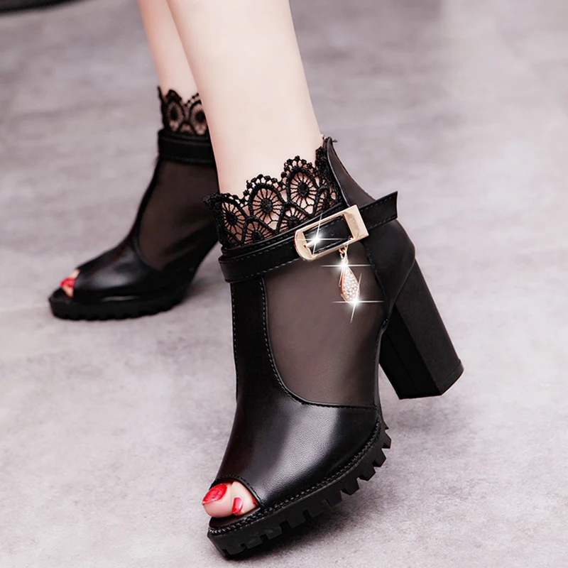 

2019 summer sexy fish mouth hollow Roman sandals thick with a word with high heels female summer Sexy female sandals LY-09