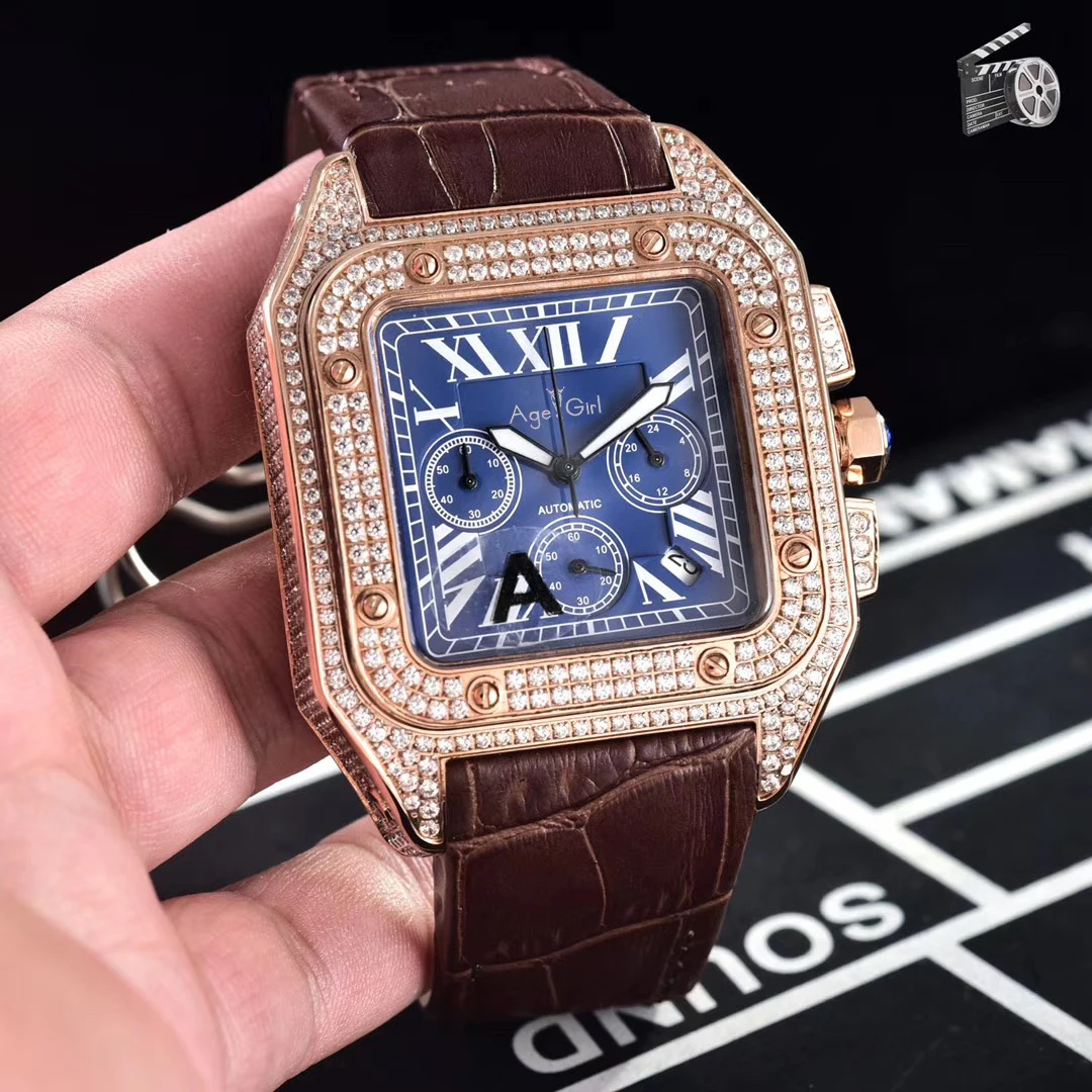 Rose Gold Blue Роскошные брендовые новые мужские часы с хронографом и сапфировым сапфиром, полный Чехол со льдом и бриллиантами, Цвета: розовое золото, серебро, все черные кожаные спортивные часы, лимит - Цвет: Rose Gold Blue