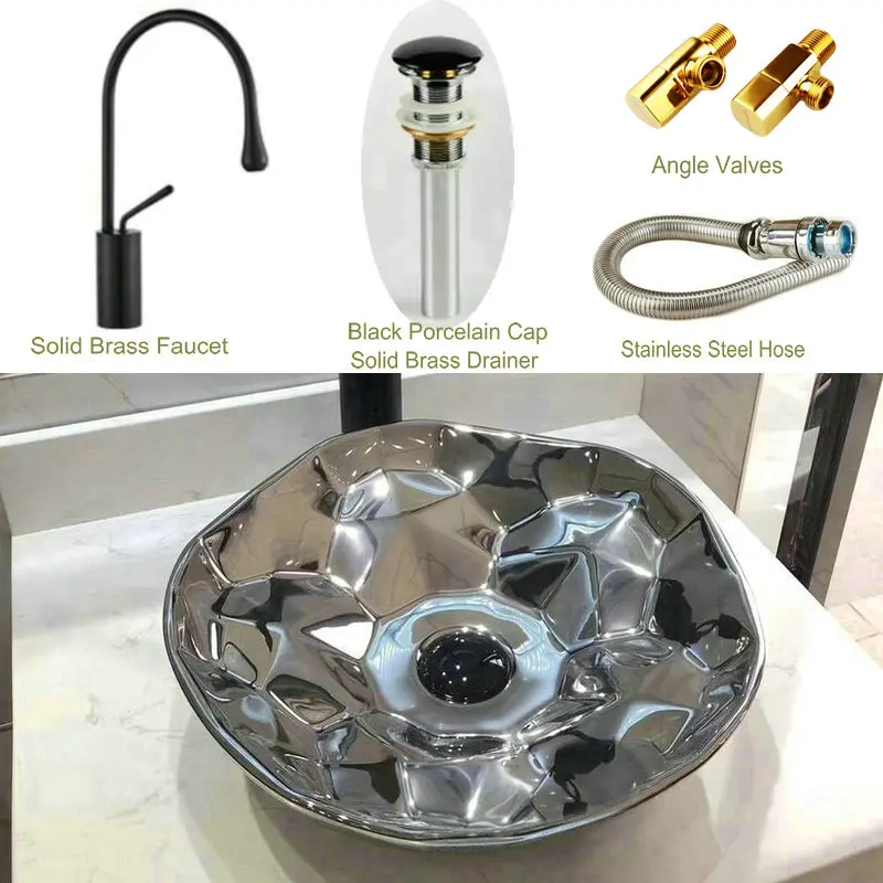Sink2 Package 3 Современная стильная розовая Золотая Серебряная столешница круглая раковина тщеславие керамическая раковина для ванной - Цвет: Sink2 Package 3