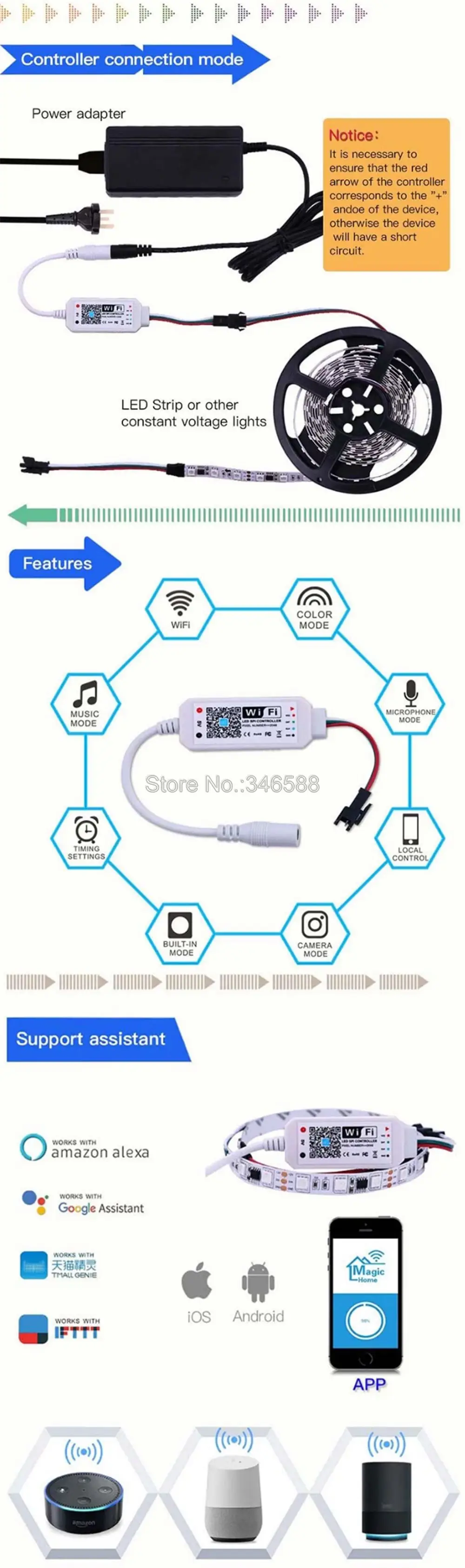 DC5V Magic Home WiFi-SPI светодиодный контроллер для управления телефоном, приложение для управления Alexa Google Home Голосовое управление для 5 В WS2812 Адресуемая Пиксельная полоса