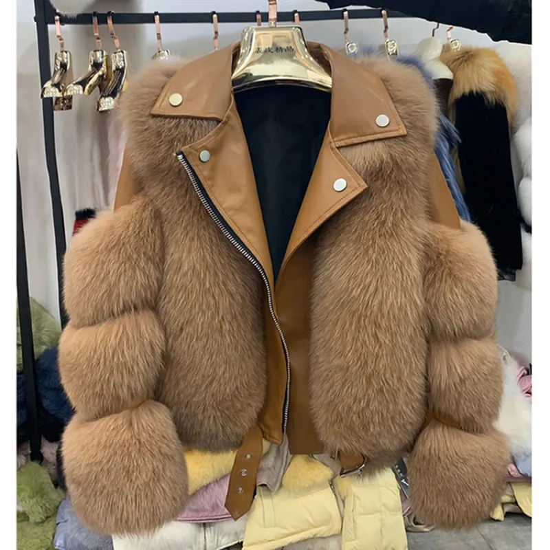 FURSARCAR Fashion Real Fox Fur Coats With Genuine Sheepskin Leather Jacket Wholeskin Natural Fox Fur Outwear Women 2021 Winter