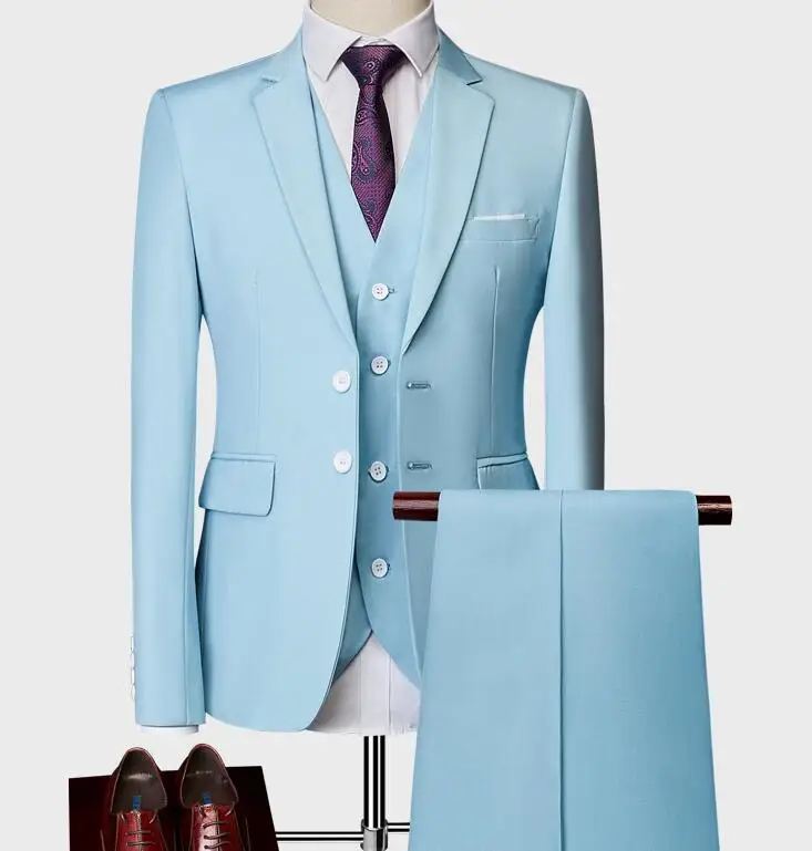 Jacket+ Pant / New Men Business Slim Suits Sets Wedding Dress Three-piece Suit Blazers Coat Trousers Waistcoat M-6XL - Color: Sky blue