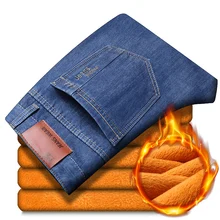 Зимние новые мужские теплые джинсы деловые повседневные плотные узкие джинсовые брюки Брендовые брюки черные Большие размеры 40