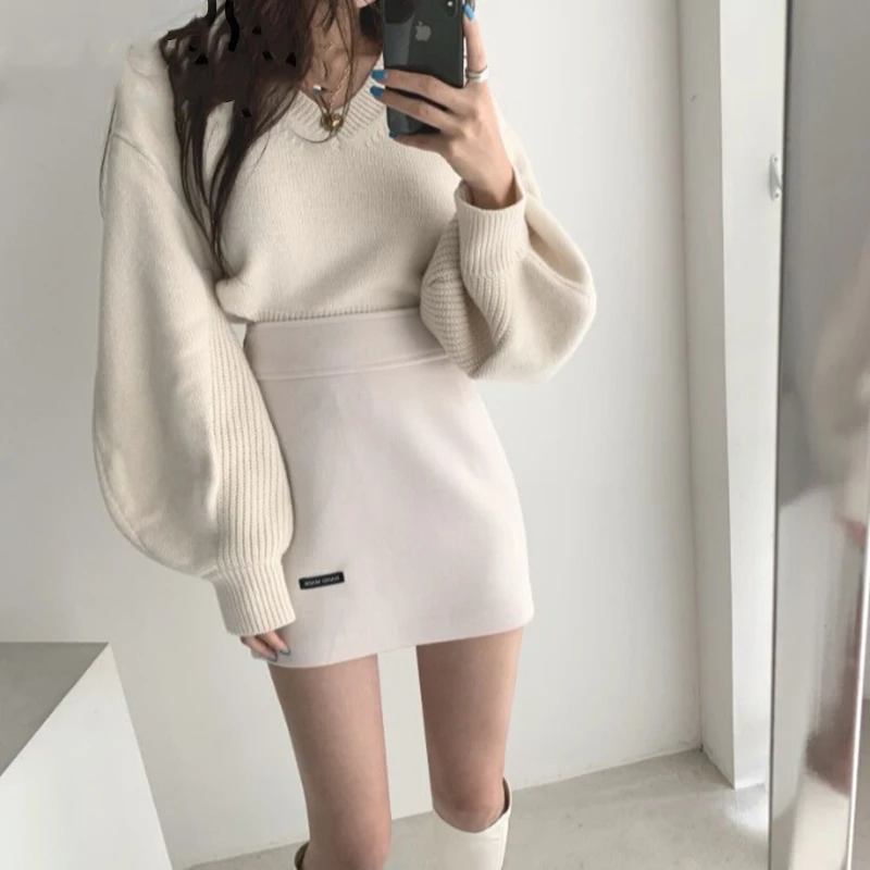 

Korean Chic Elegant V-neck Back Lace Up Irregular Lantern Sleeve Knitted Sweater High Waist Bag Hip Skirt Women Two Piece Set