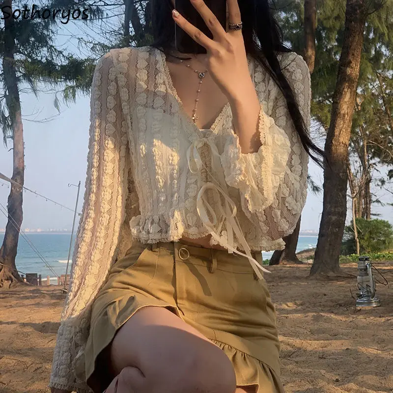 

Укороченный женский кардиган, летний трикотажный топ с длинными расклешенными рукавами и V-образным вырезом, защита от солнца, универсальная тонкая верхняя одежда для студентов