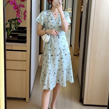 

Bohemian Retro Print Sexy V-Neck Short Sleeve Belt Slim Slim Elegant Fishtail Dress High Quality Spring Summer Women'S Wear New