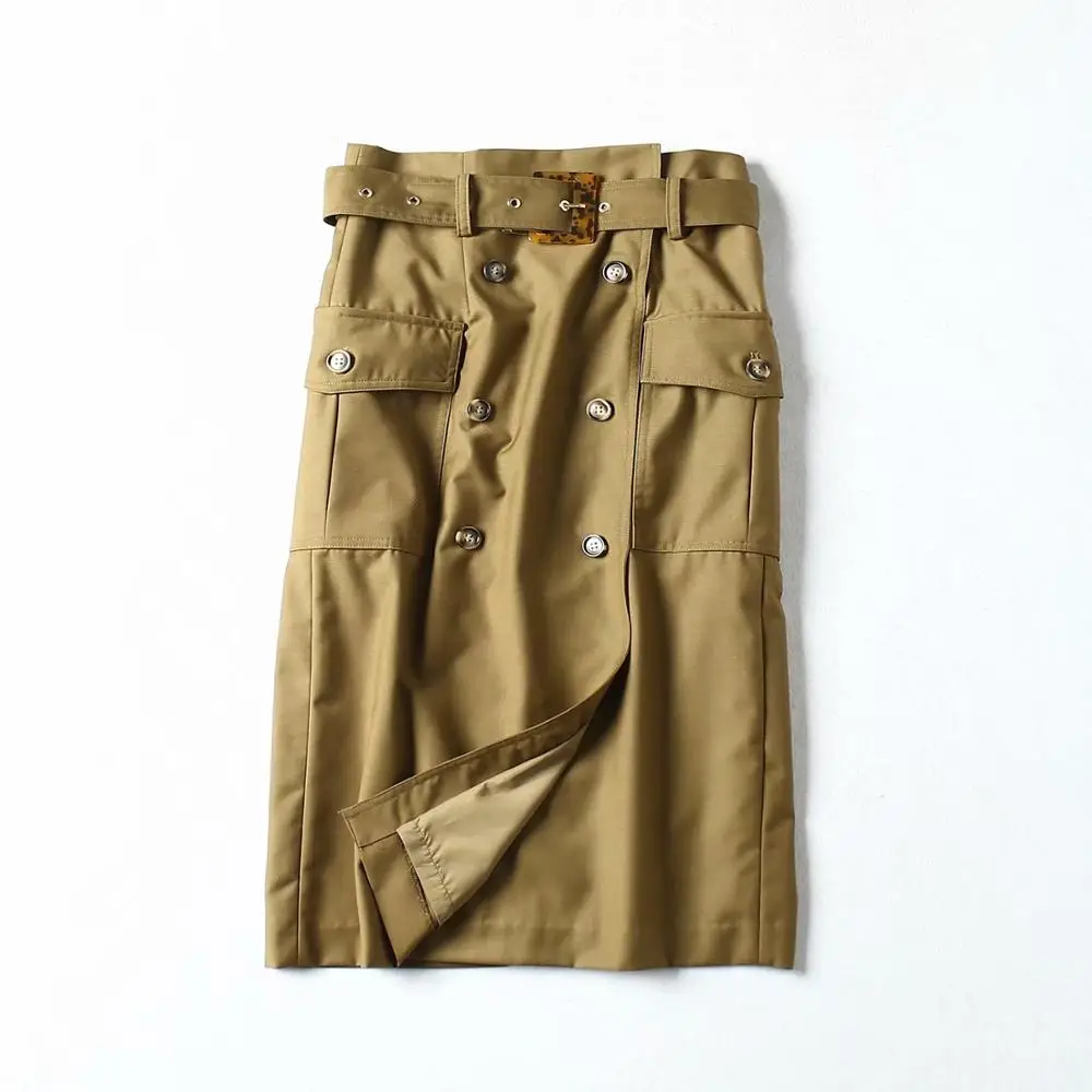 1088ST-ST9225-khaki Звезда светсветлячок оснастки Рабочая Юбка Женская корейская мода пояс на молнии офисная юбка высокая талия на шнуровке сбоку разрезные пуговицы миди юбка - Цвет: 1088ST-ST9225-khaki