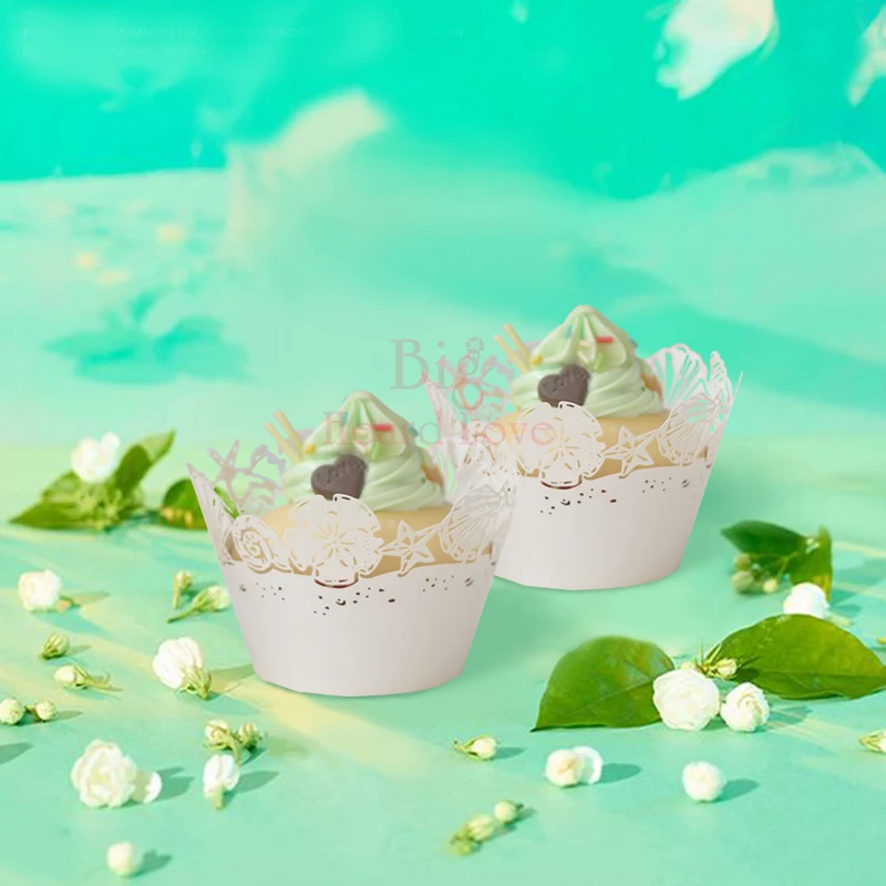 

25pcs/lot Cupcake Wrappers Carving shell starfish Shape beach style Laser Cut Paper Surrounding Edge Birthday Party Decor