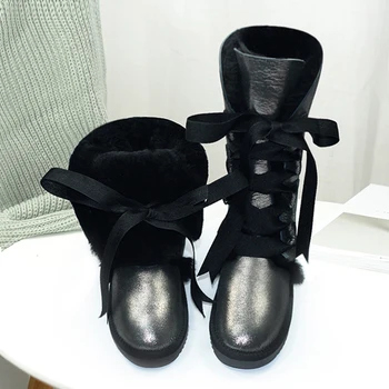 

Waterproof New Fashion 100% Natural Fur Women Shoes Snow Boots Genuine Sheepskin Winter Long Boots Warm Wool Women Boots Shoes