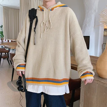 

Winter New Hoodie Sweater Men's Warm Fashion Contrast Color Casual Knit Sweater Wild Loose Long-sleeved Pullover Male Clothes