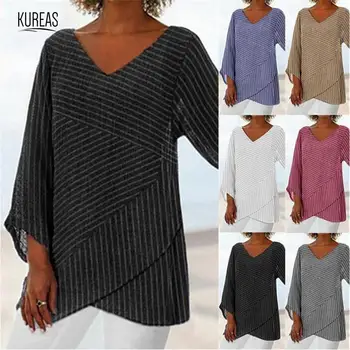 

Kureas Blouse and Top Women Long Sleeve Striped Printed Sexy Cross V Neck Casual Tunic Baggy Female Shirts Office Lady Autumn