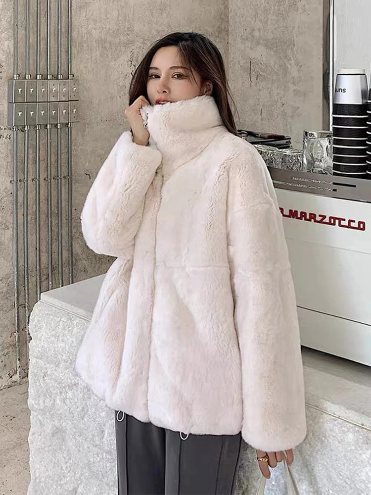 New Arrival Women Winter Warm Super Soft High Quality Stand Up Collar Real Natural Rex Rabbit Jacket Coat Rex Rabbit Fur Collar