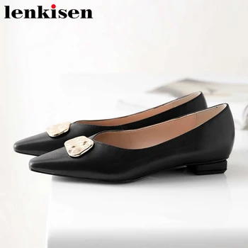 

Lenkisen 2020 new summer solid genuine leather small square toe low heel shallow metal decorations office lady dating pumps L70