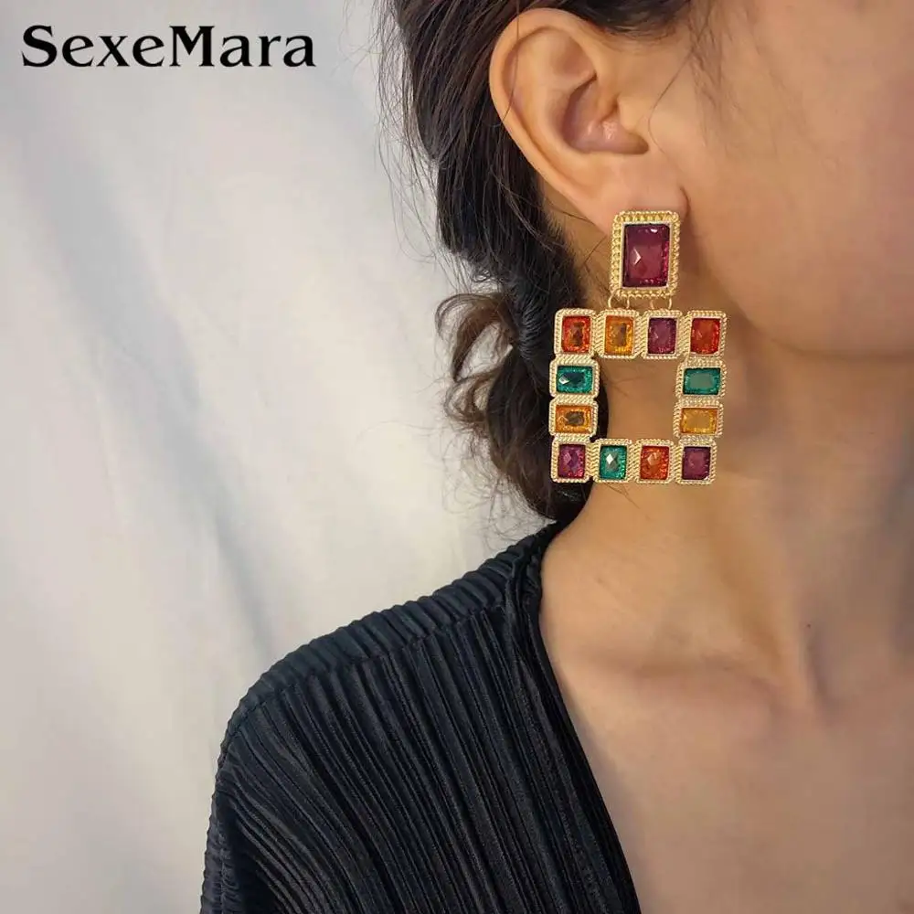 

SexeMara Simple Acrylic Geometric Earrings For Women Street Beat Colourful Exaggerated Personality Square Hit Color Jewelry