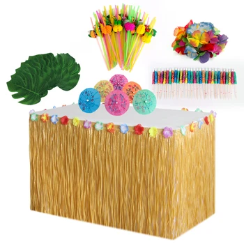 

Newly 109/149pcs Table Skirt Raffia Style Fringe Party Decoration Kit for Tiki Tropical Hawaii or Moana Themed Birthday