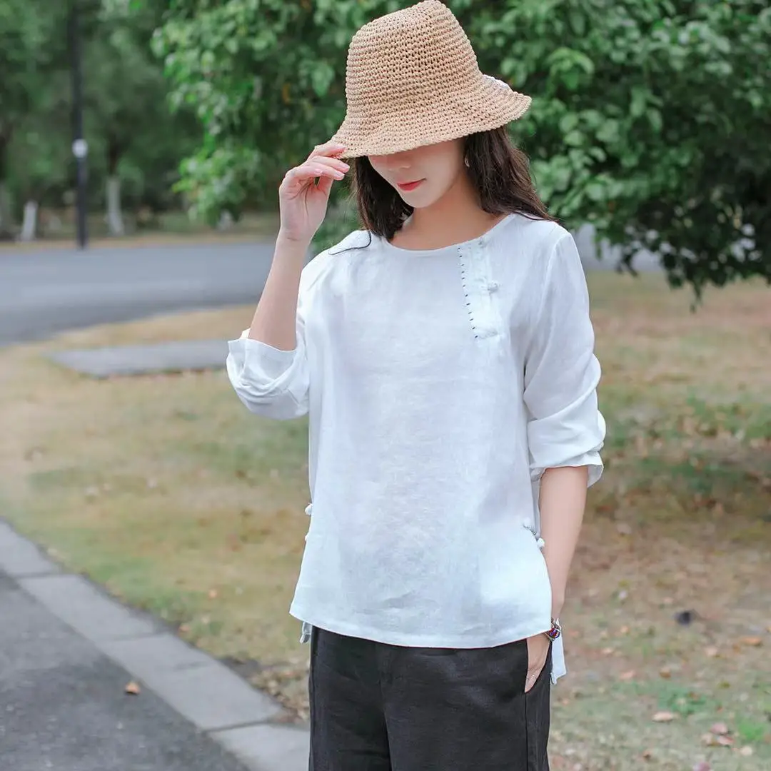 Литературная Весенняя новая льняная рубашка с круглым вырезом и длинным рукавом, Женская Повседневная однотонная льняная рубашка