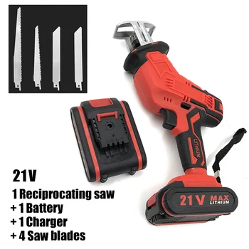 

21V Cordless Reciprocating Saw Electric Chainsaw For Woodworking Metal Plasitic Pipe DIY Power Saws Tool +4x Blades With Battery