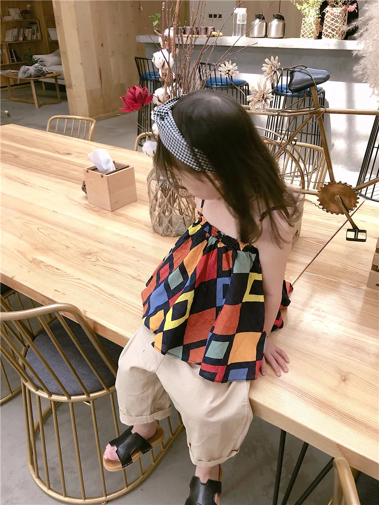 Summer New Style Children Geometry Dungaree Shirt Korean-style Fashion Casual Sleeveless Vest Tops Fashion A01