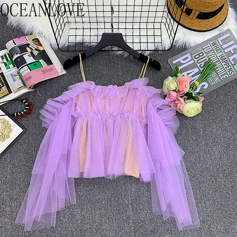 

OCEANLOVE Solid Sexy Off Shoulder Women Shirts Summer 2019 Flare Sleeve Lace Blouses Slash Neck Patchwork Sweet Clothing 11722