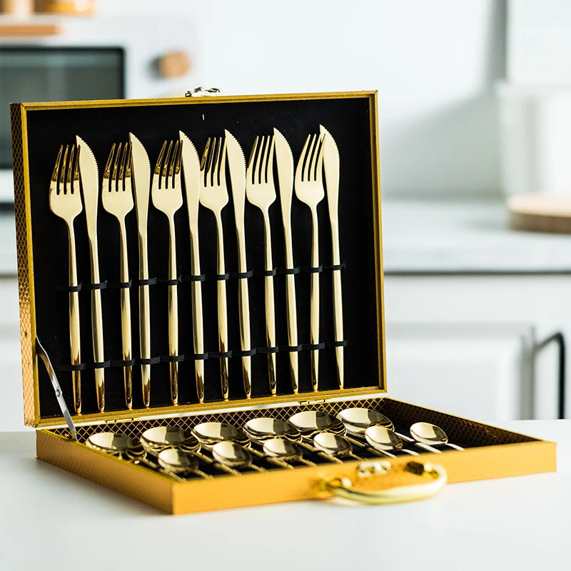 24pcs Gold Dinnerware Set Stainless Steel Tableware Knife Fork Spoon Luxury Cutlery Gift Box Flatware Dishwasher Safe | Дом и сад