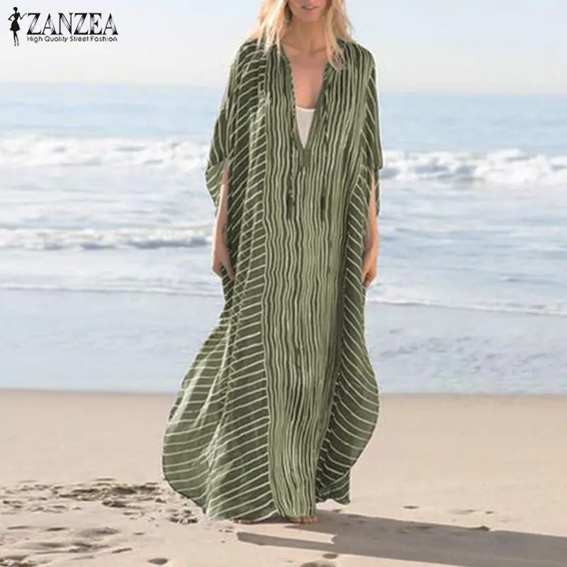 ZANZEA женское Полосатое Длинное Макси платье богемное Vestidos леди летний сарафан длинная туника Vestido пляжные вечерние платье с разрезом Femme