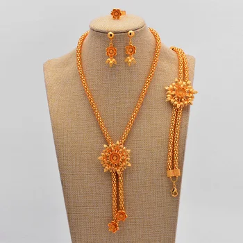 

nigerian wedding gold jewelry set for women Chic Style Flower Shining Necklaces Earrings Bracelet Party Wedding Jewelry Sets