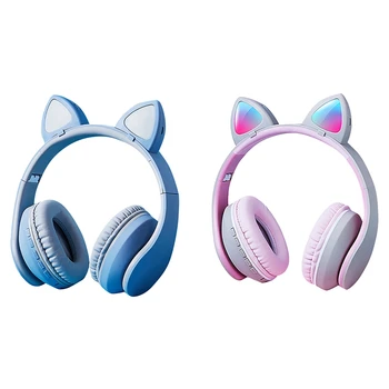 

2pcs Cat Ear Headphones Wireless Bluetooth 7.1 Surround Sound Bluetooth 5.0 Headphones- blue & gray + pink