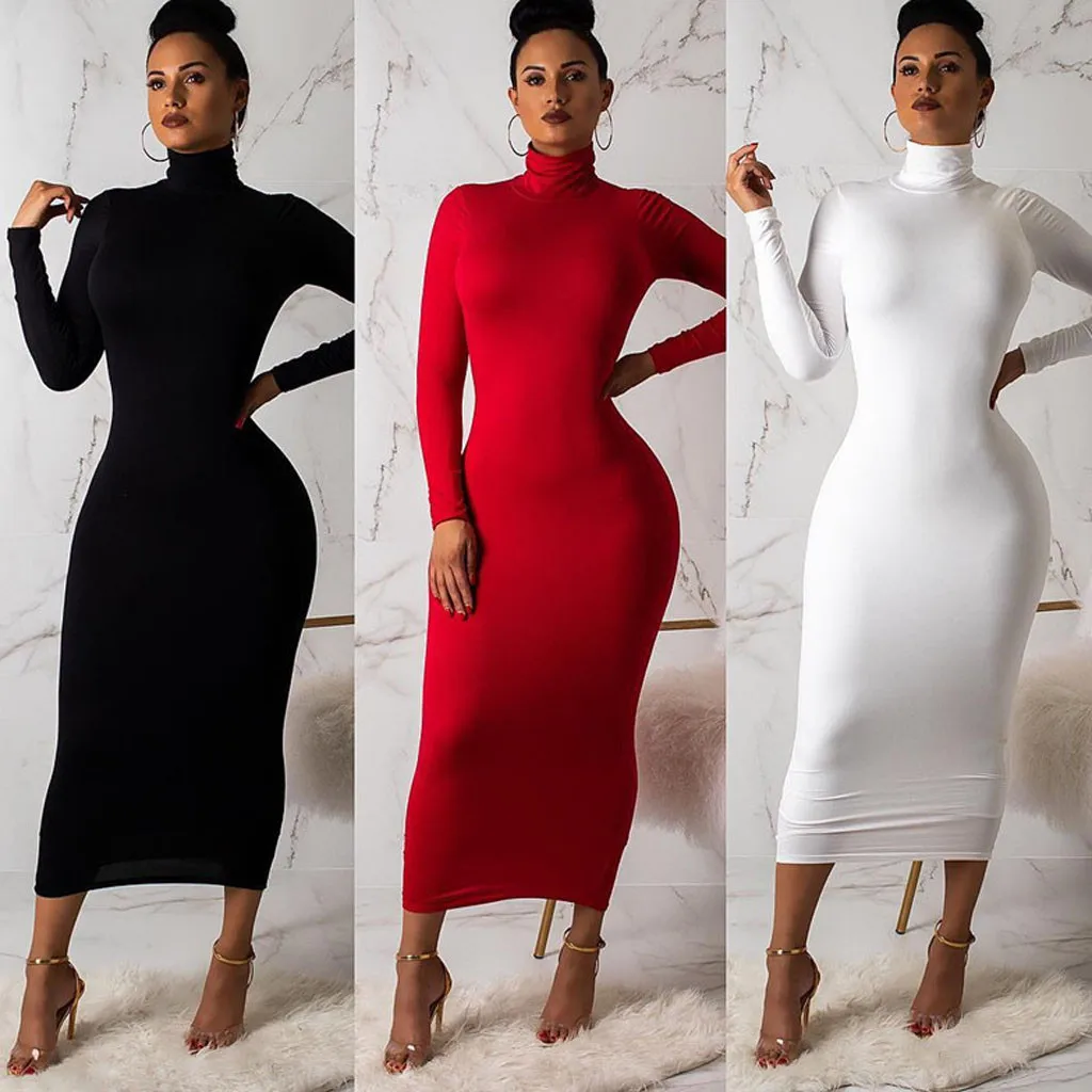 

Sexy women nightclub solid color bandage Bodycon dresses Turtle Neck Stretch Long sleeve tight hip package pencil dress Vestidos