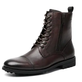 

Cestfini Non-silp Leather Combat Boots for Men - Casual Motorcycle Boots with 2 Side Zipper, Lace Up Cap Toe Boots