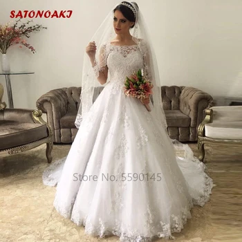 

Ball Gown Long Sleeve Wedding Dress for Women Lace Appliques Beaded Sequins Princesa Bridal Vestido De Novia Online Shop Mariage