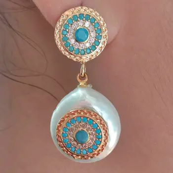 

Cultured White Coin Pearl Blue Cz pave Earrings