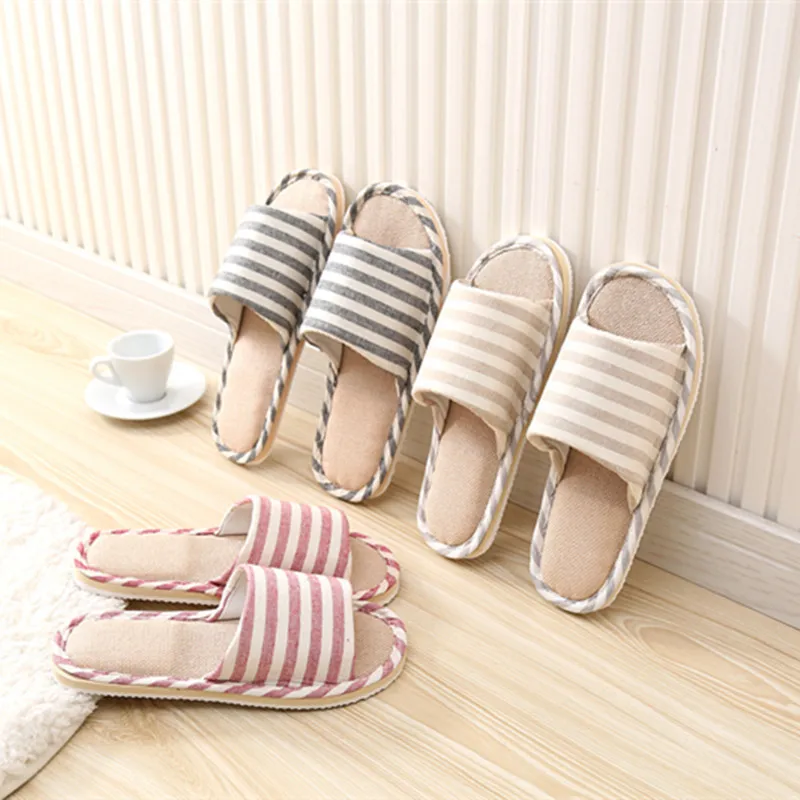 Striped Linen Four Season Indoor Slippers Women Cotton Non-slip Soft Bottom Home Wood Floor Sandals Couple Flip Flops Slides 2