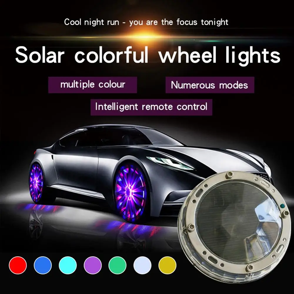 

4Pcs Wheel Lights Automotive Solar LED Hub Lamp Seven-color Remote Control Hub Light Car Lights Solar Tire Lamp Car Accessories