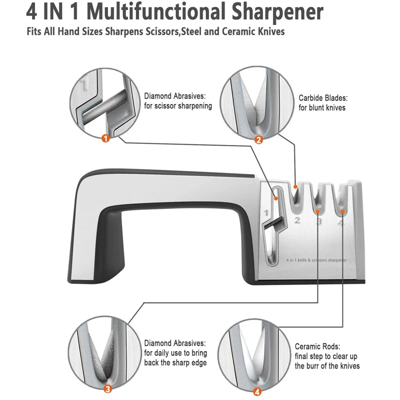 LMETJMA 4 in 1Knife Sharpener Knife Sharpening 4 Stage Diamond Coated&Fine Rod Knife Shears and Scissors Sharpening Stone KC0424