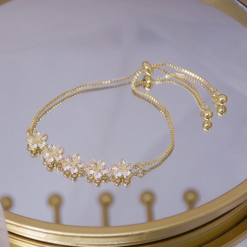 Flower Bracelet Pulseras Zircon Romantic 14K Real-Gold Super-Shine Women Luxury Daily-String
