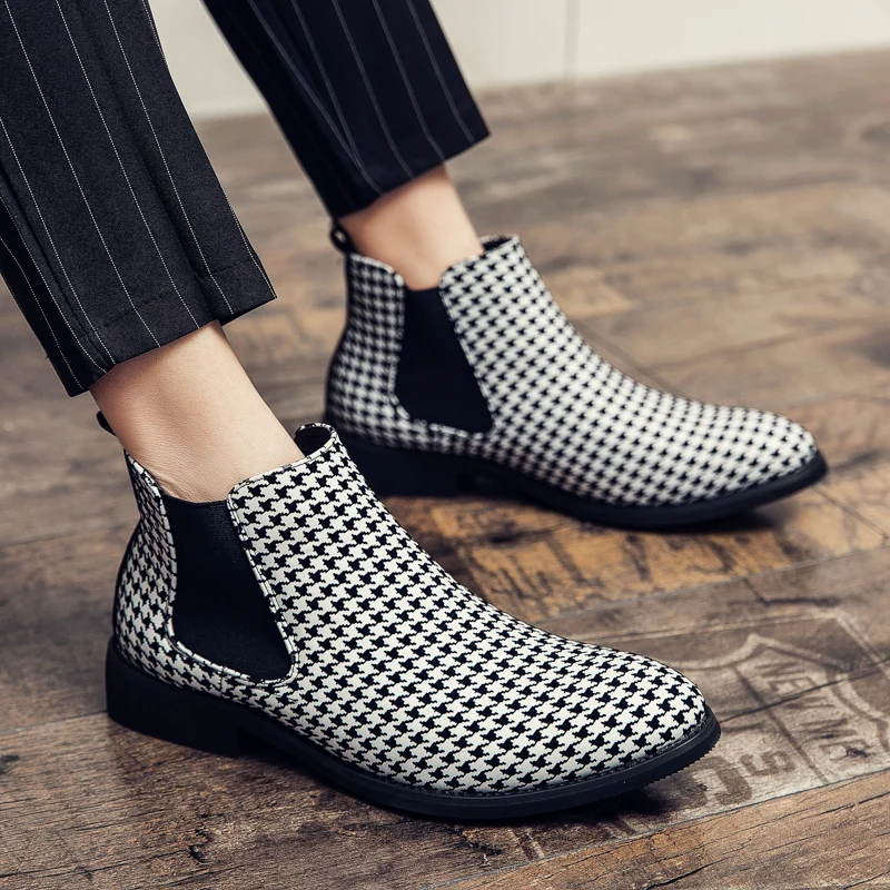 

Men Ankle Boots Houndstooth Chelsea Boots Dress Shoes Business Leather Pointed Toe Boots Male Casual Nightclub Party Shoes 48