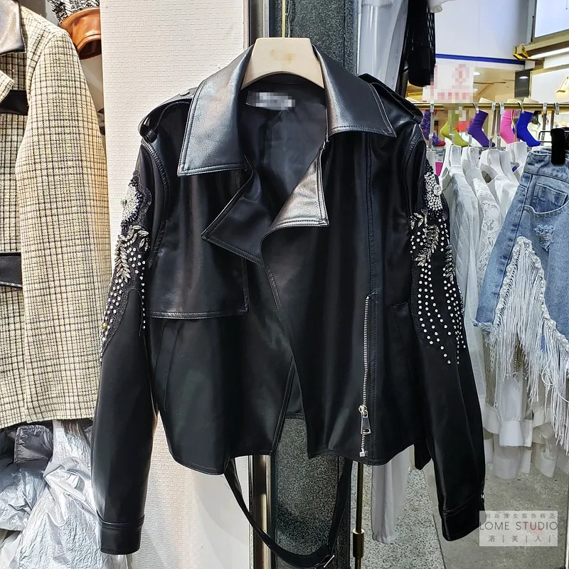 

2020 Spring Autumn Diamonds Pu Faux Leather Jacket Women Black Zipper Slim Short Biker Jackets Coat Female Outwear Tops Lady