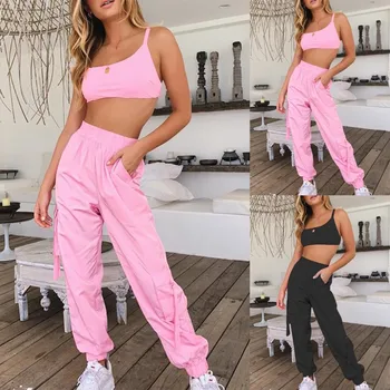 

Sports Women Solid Color Camisole Two-Piece High Waist Pants Casual Suit Spring