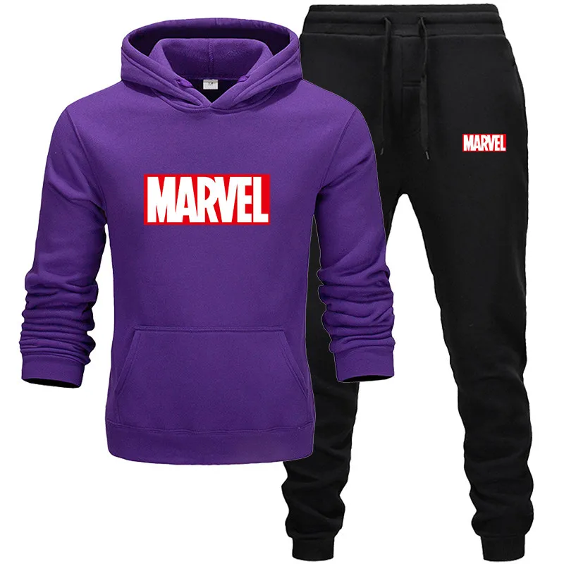 

2019 New Men Tracksuit Set Winter Fleece Hood Print Marvel Jacket+Pants Sweatshirts Male 2 Piece Set Hoodies Sporting Suit Coat
