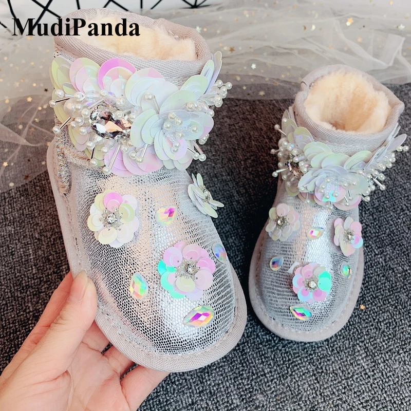

MudiPanda Baby Girls Winter Boots Rhinestone Sequins Flower Children Snow Boots Princess Plus Velvet Warm Non-Slip Kids Shoes