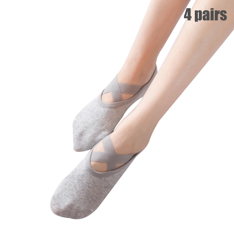 4 пары Женские носки для йоги противоскользящие частицы крест сплошной цвет Танцы для пилатеса и йоги удобные носки из хлопка спортивные носки& T8 - Цвет: Light grey