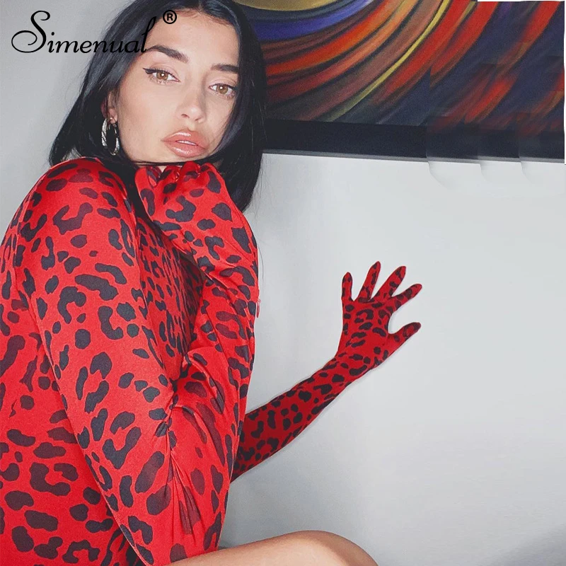 

Simenual Red Leopard Sexy Women Bodysuit With Gloves Long Sleeve Fashion 2019 Autumn Romper Hot Turtleneck Skinny Slim Bodysuits