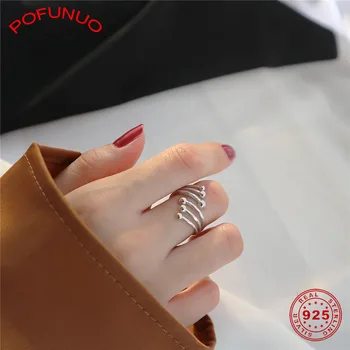 

POFUNUO Real 925 Sterling Silver Six Beads Vintage Geometric Rings Women Make Old Distressed Chic Opening Ring Fine Jewelry Gift